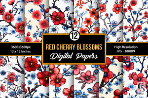 Red Blue Cute Cherry Blossoms Papers, a Pattern Graphic by Creative Store