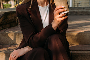 Urban portrait daytime coffee pensive woman cup, a Person Photo by Photo Drive Studio
