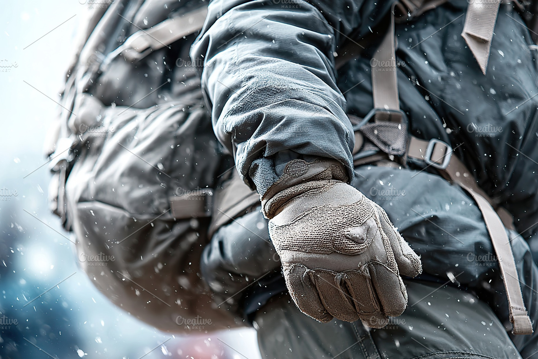 Snowy trek with a hiker in cold weather carrying essential gear in a winter lan, a Photo by AlyaAnd