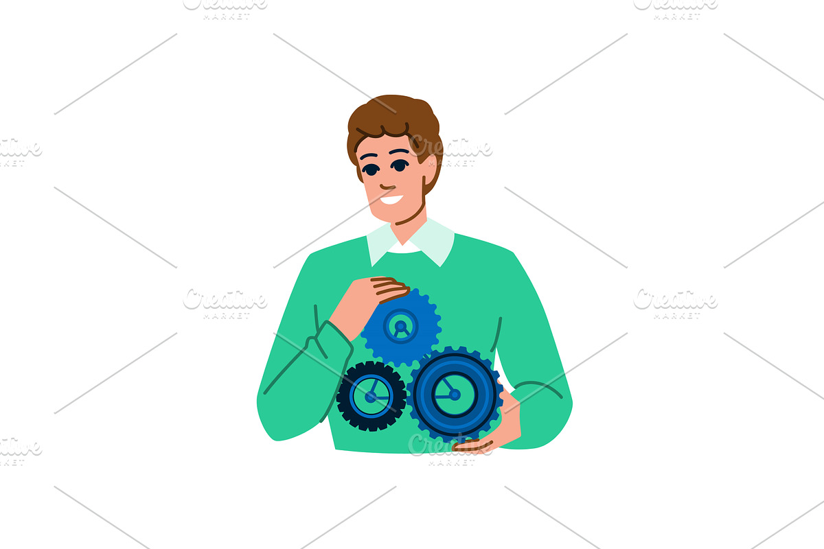 Technician connecting gears, solving, an Illustration by pikepicture