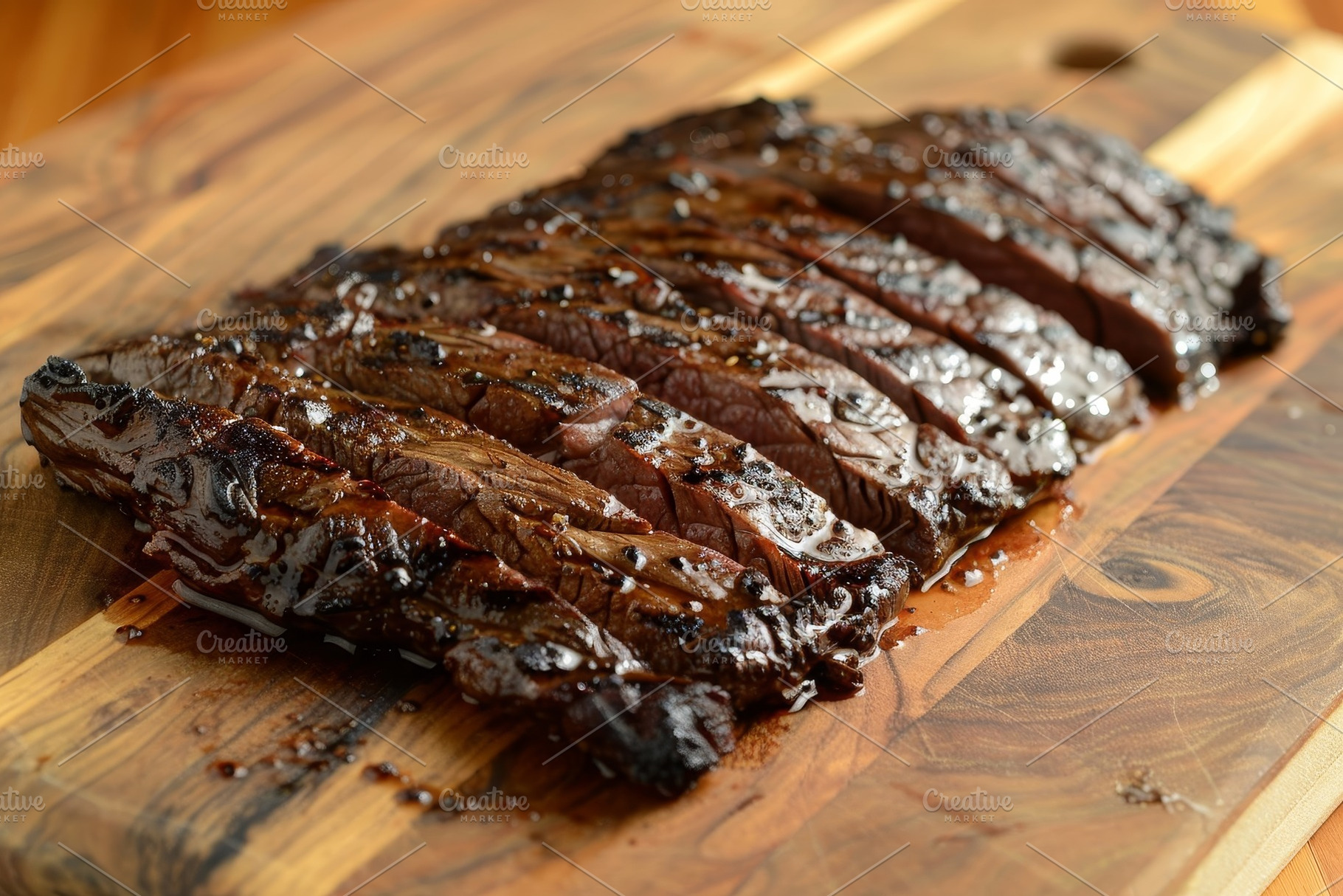 Sliced brisket served on a wooden cu, a Photo by Tanuart