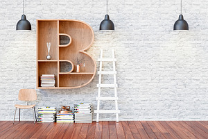 Bookshelf featuring chair, decoration, and brick