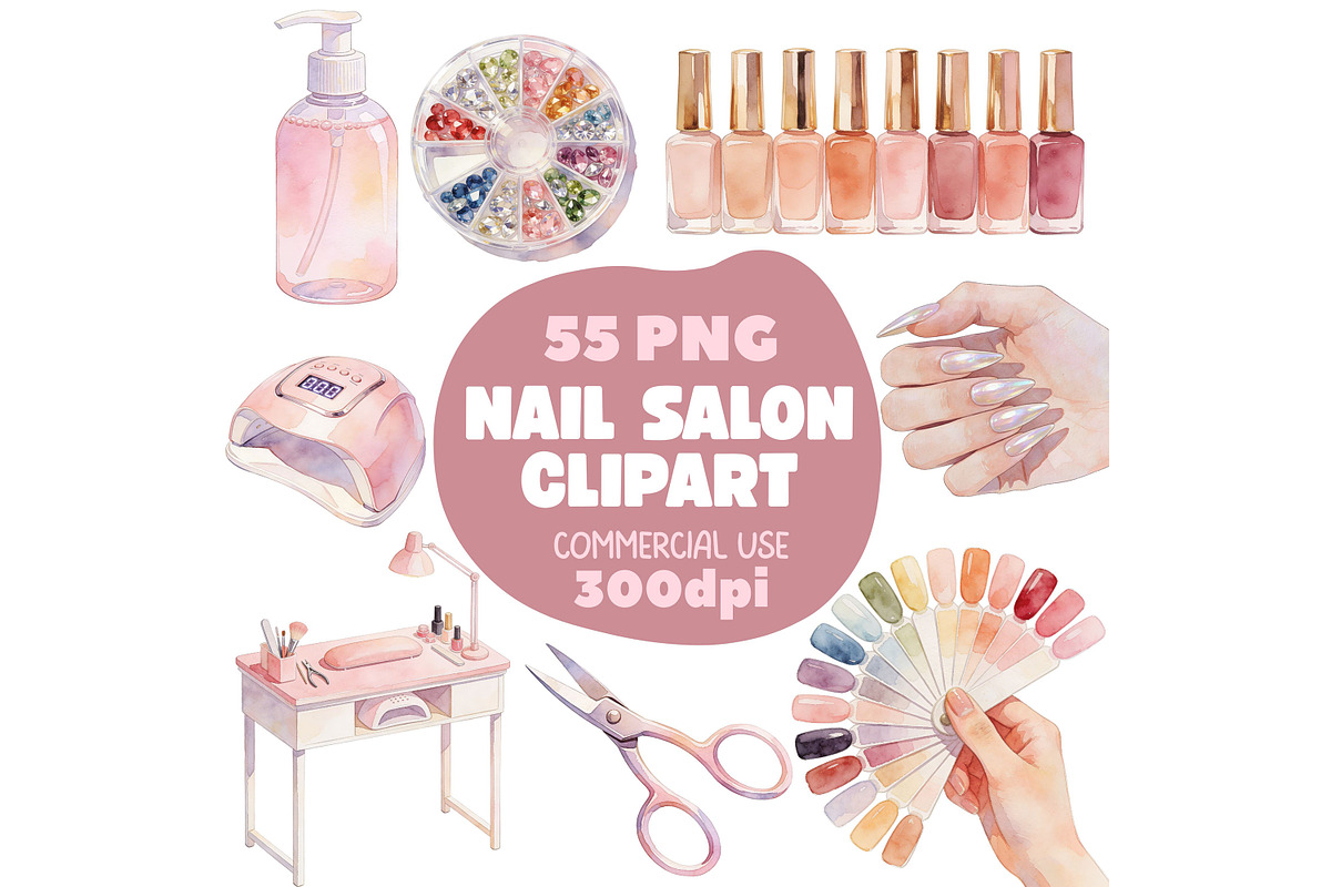 Watercolor Nail Salon Clipart, an Object Illustration by Selenique Studio (Photo 1 of 9)