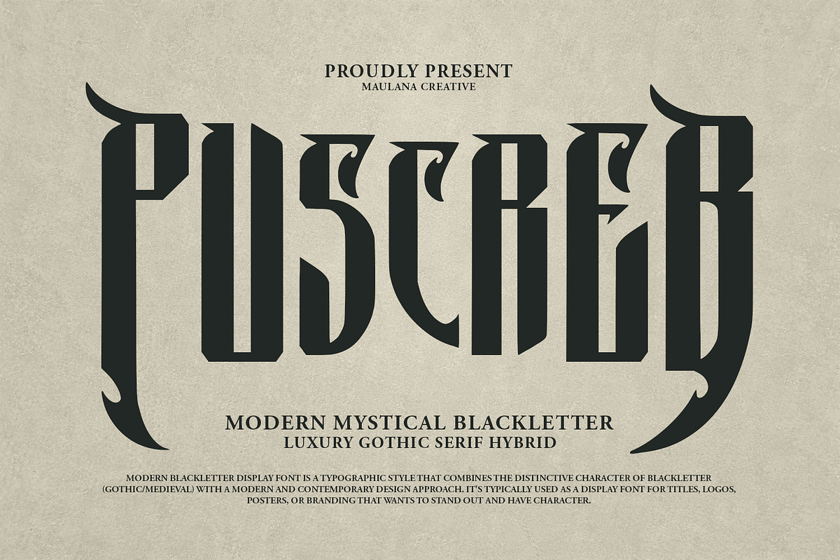 Puscreb Modern Mystical Blackletter, a Blackletter Font by Maulana Creative (Photo 1 of 7)