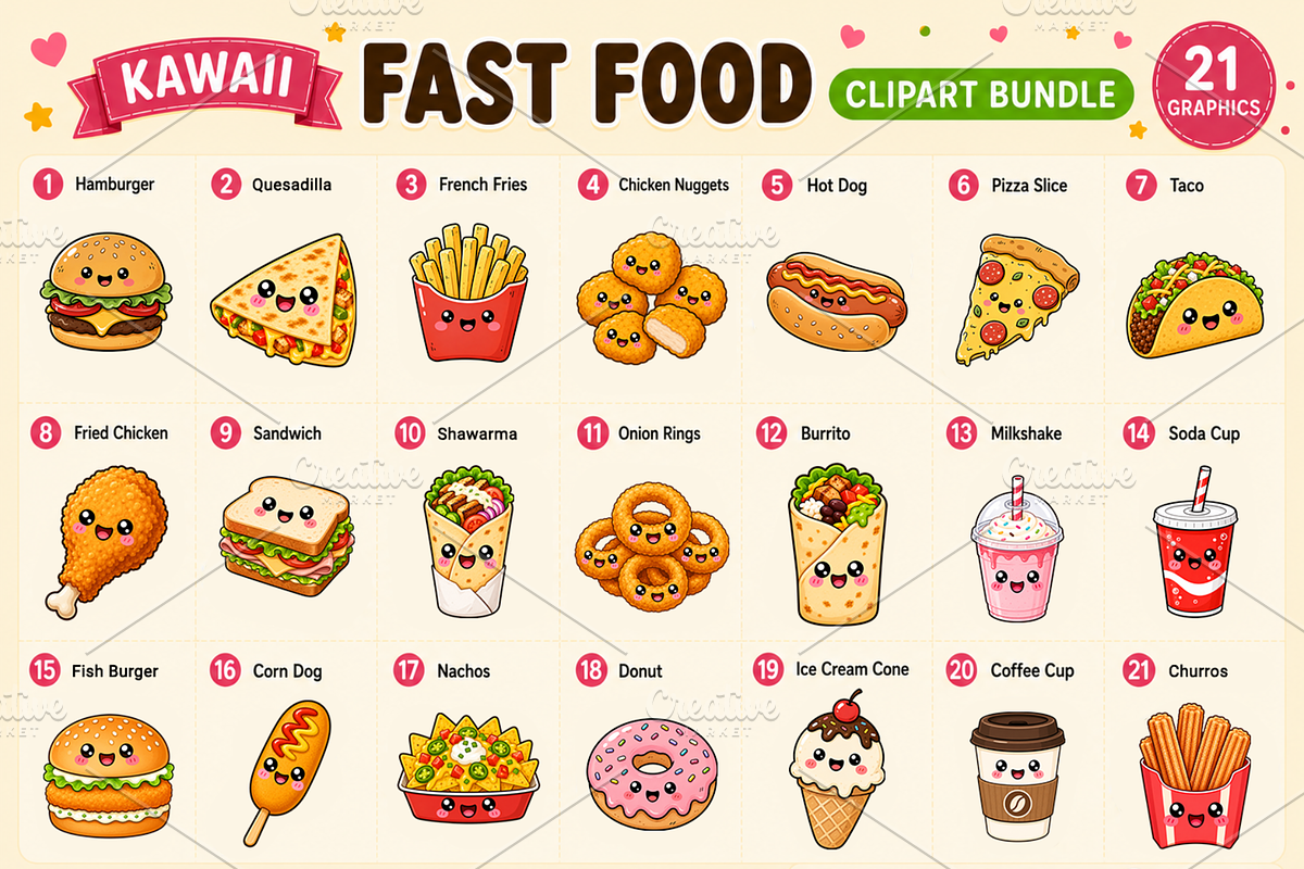 Kawaii Fast Food Clipart Collection, a Food Illustration by QM_ART (Photo 2 of 4)