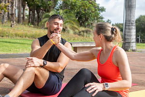 Fitness partners celebrating after successful outdoor workout, a Sports & Recreation Photo by etorres69