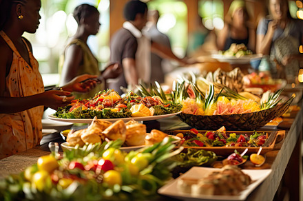 Enjoying buffet in restaurant, with, a Photo by SaroStock