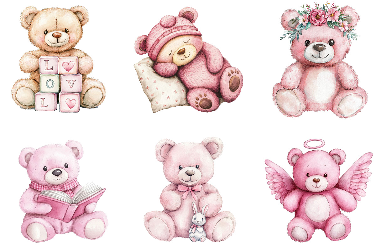 Watercolor Pink Cute Blush Teddy, an Illustration by DreamArtGraphic (Photo 3 of 4)