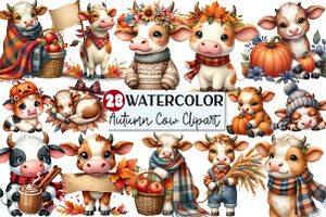 Watercolor Autumn Cow Clipart, an Illustration by Rose Art
