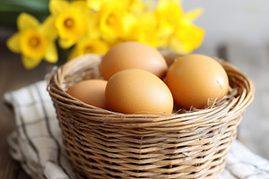 Rustic fresh brown eggs in a wicker, a Holiday Photo by MistyDay