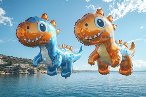 Colorful dinosaur balloons float ove, a Photo by Tanuart