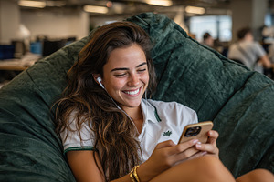 Happy woman using phone in beanbag c, a Photo by Pixeness Studio