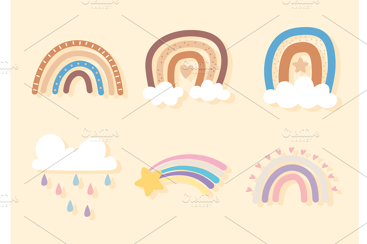 rainbow clouds rain, an Illustration by studiogstock