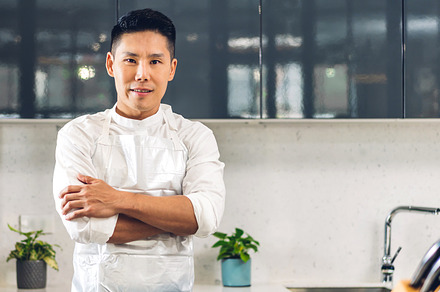 Portrait of smiling professional handsome asian man chef look at, a Person Photo by Art_Photo