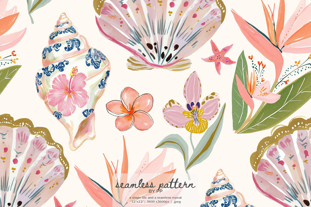 chinoiserie seashell pattern, a Pattern Graphic by Pink Studio Art (Photo 1 of 4)