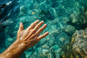 Hand touches clear turquoise water, a Nature Photo by MistyDay
