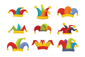 Jester fools hat icons set flat, an Illustration by Ylivdesign