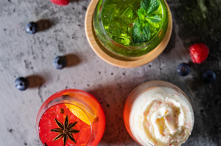 Three cold fruit, coffee and milk, a Food & Drink Photo by Edalin's Store