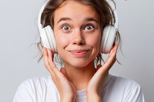 Surprised young woman with headphones, a Person Photo by AlyaAnd