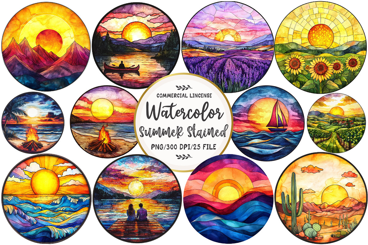 Stained Glass Summer Sunset Clipart, an Illustration by OK Design (Photo 1 of 5)
