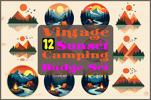 Vintage Sunset Camping Badge Set, an Object Graphic by Gfx_Store