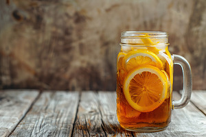 Glass jar with iced tea and lemon on wooden table, a Food & Drink Photo by AlyaAnd