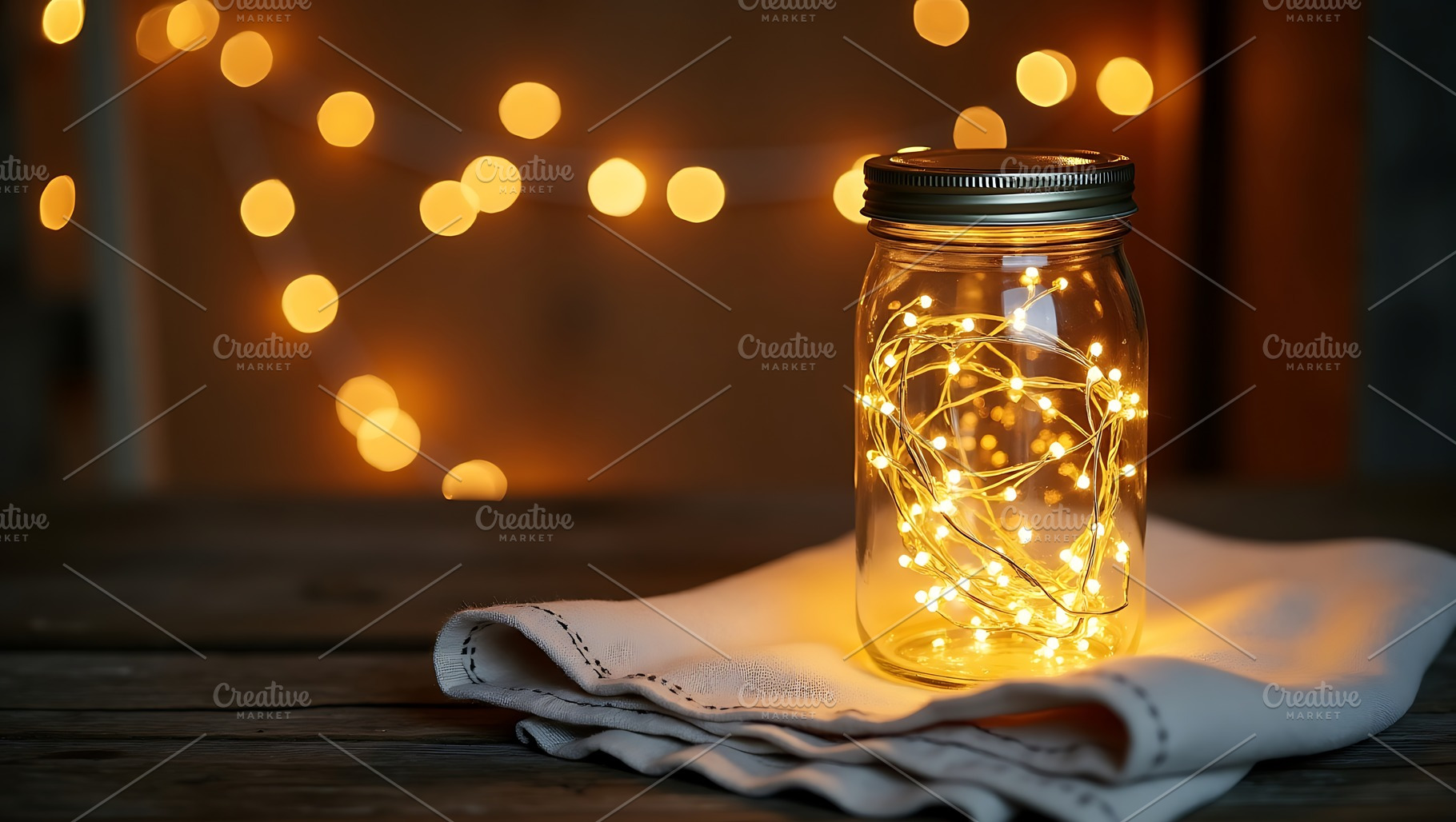 Mason jar filled with warm fairy lig, an Abstract Photo by Artonix