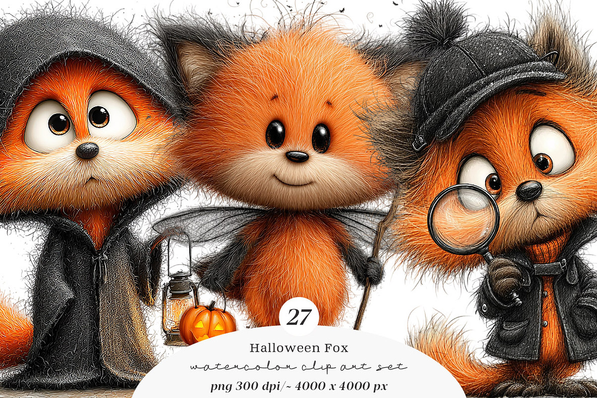 Whimsical Halloween Fox Clipart, a Work Illustration by SinaCreation (Photo 1 of 7)