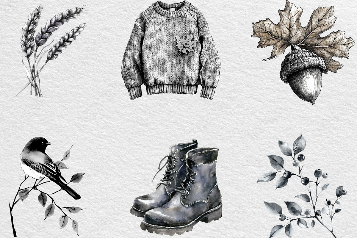 Black & White Autumn Clipart, an Illustration by Black Bird Studio (Photo 5 of 6)