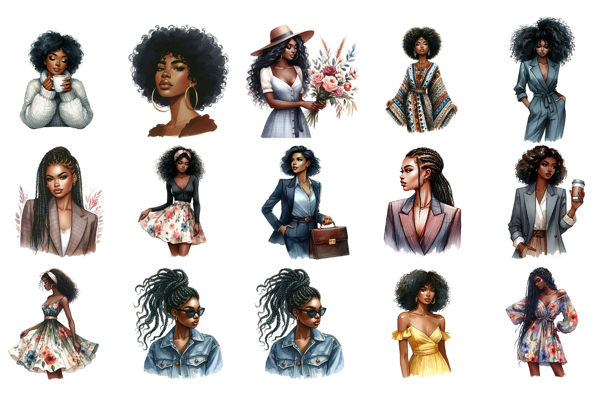 Watercolor Black Women Clip Art, an Illustration by Designking (Photo 2 of 5)