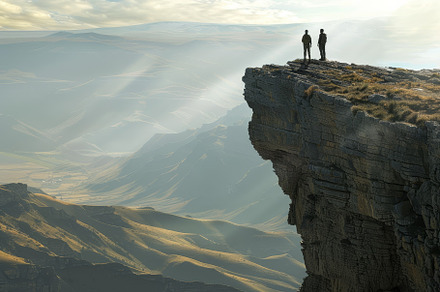 Two hikers are positioned at the cli, a Photo by Tanuart