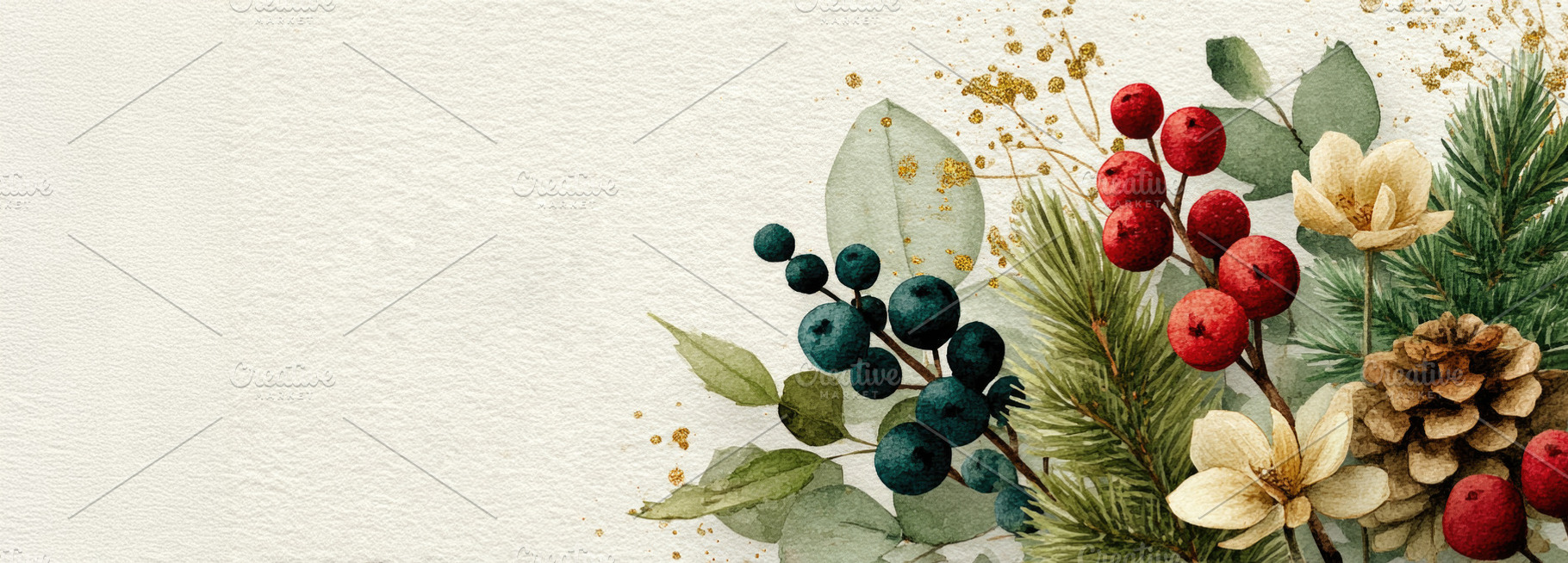 Watercolor Christmas Greenery Banner with Berries, Pinecone and, a Background Photo by José Manuel Gelpi
