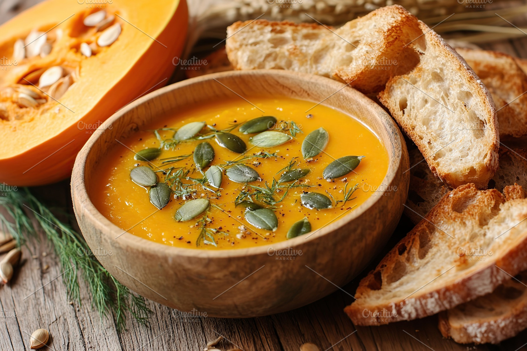 Pumpkin soup with cream and seeds, a Food & Drink Photo by AlyaAnd