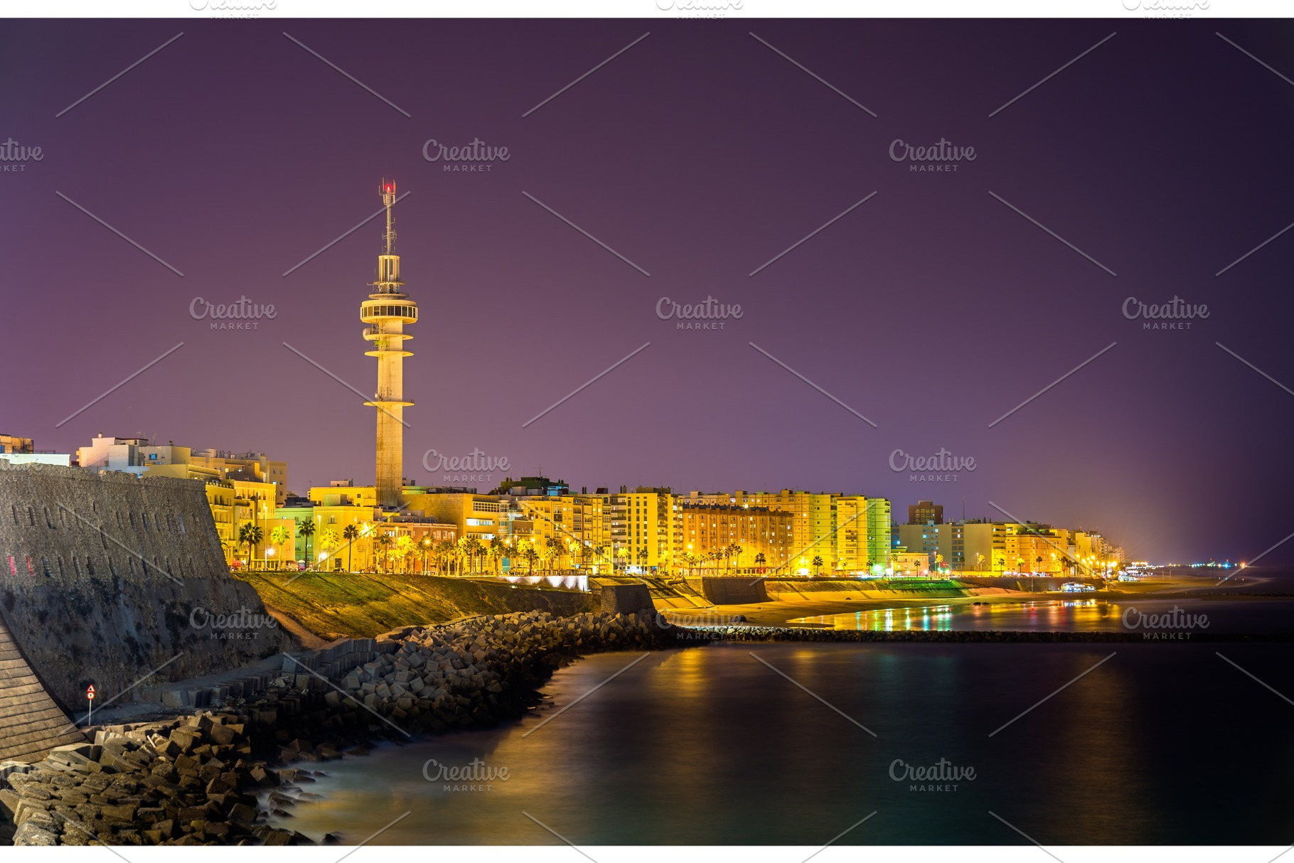 Night view of Cadiz with Tavira II Tower - Spain, an Architecture Photo by Leonid Andronov