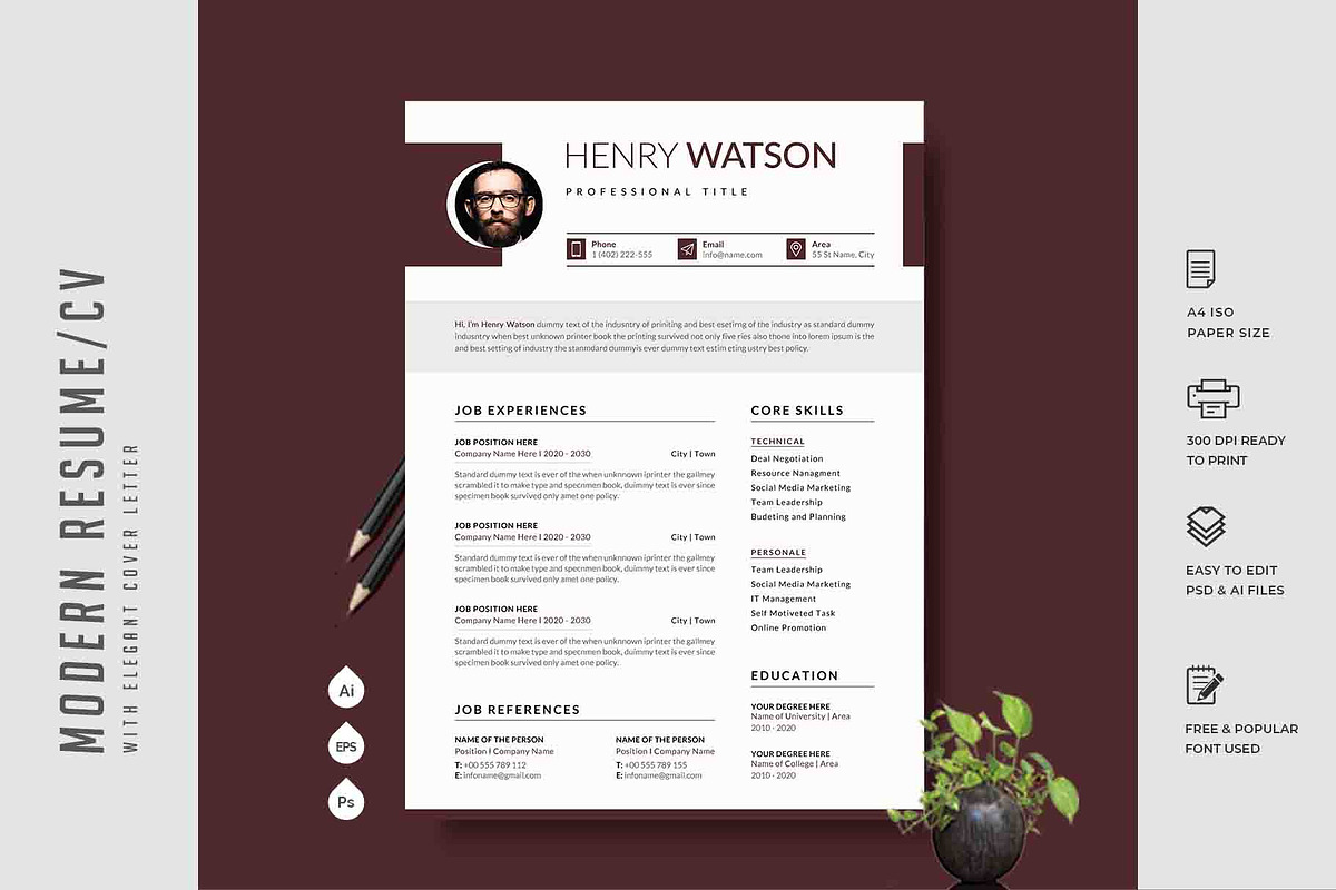 295. Modern Resume Template, a Stationery Template by CreativeRezwan