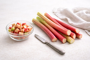 Rhubarb stalks and diced pieces in b, a Photo by Dvoevnore photos