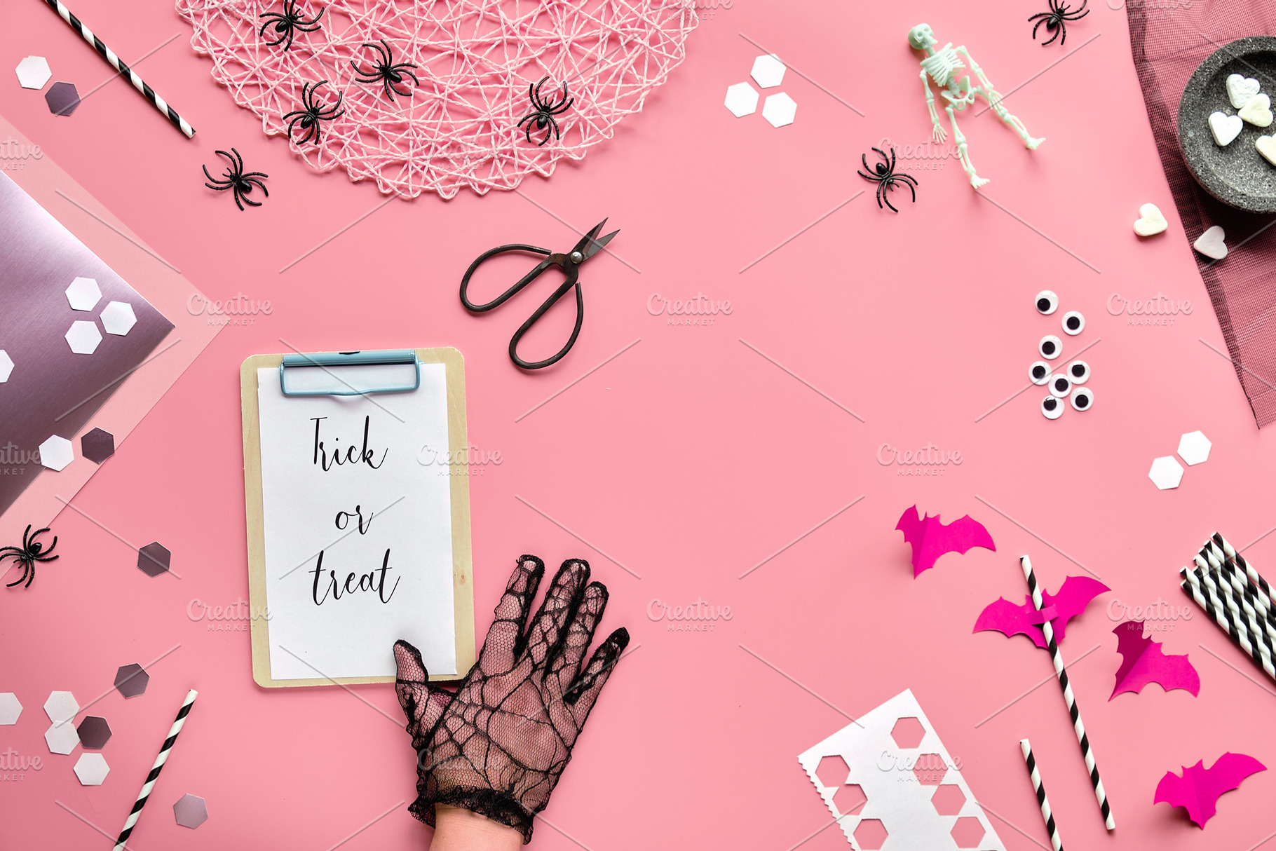 Vibrant halloween flat lay stock photo containing halloween and pink, a Holiday Photo by tilialucida