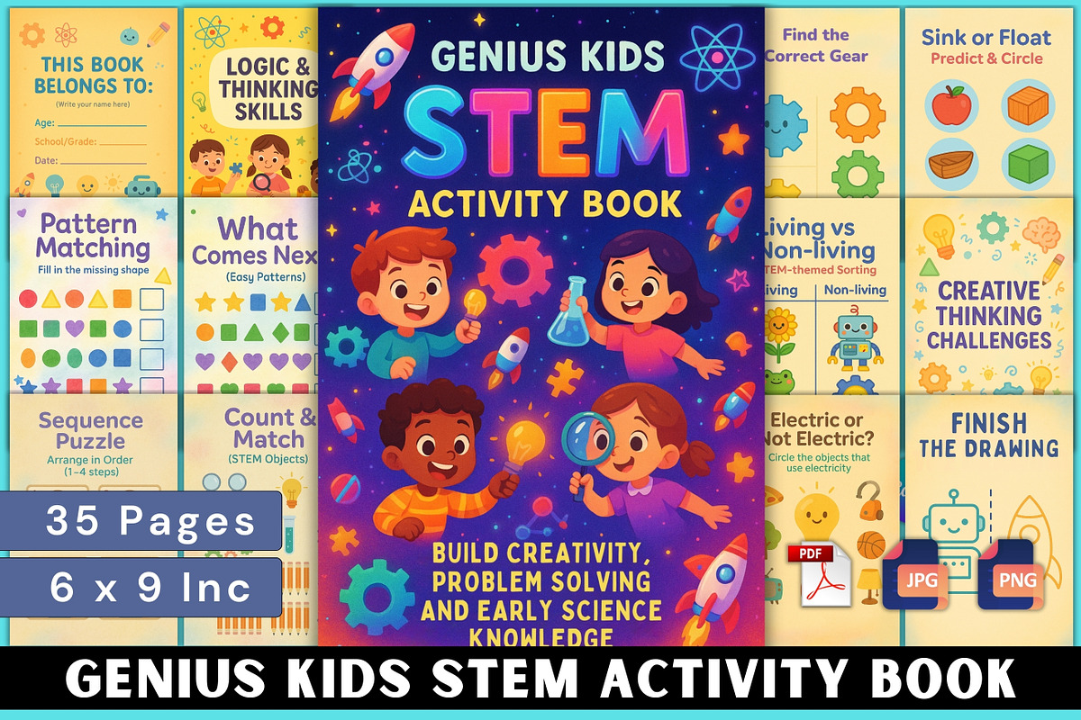 Genius Kids STEM Activity Book, a Stationery Template by Designmela01 (Photo 1 of 7)