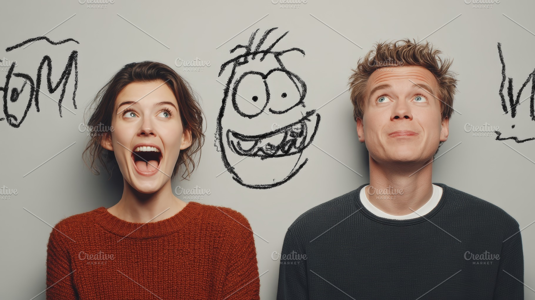 Two friends laugh and pose with playful wall drawings in a casual studio settin, a Photo by AS photostudio