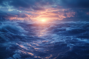 A dramatic seascape at sunset, showcasing turbulent waves and a colorful sky fi, a Photo by Textures & Backgrounds