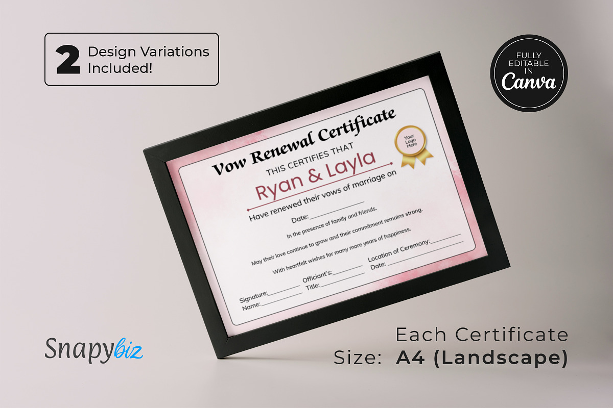 Vow Renewal Certificate Template, a Card Template by Snapybiz (Photo 6 of 10)