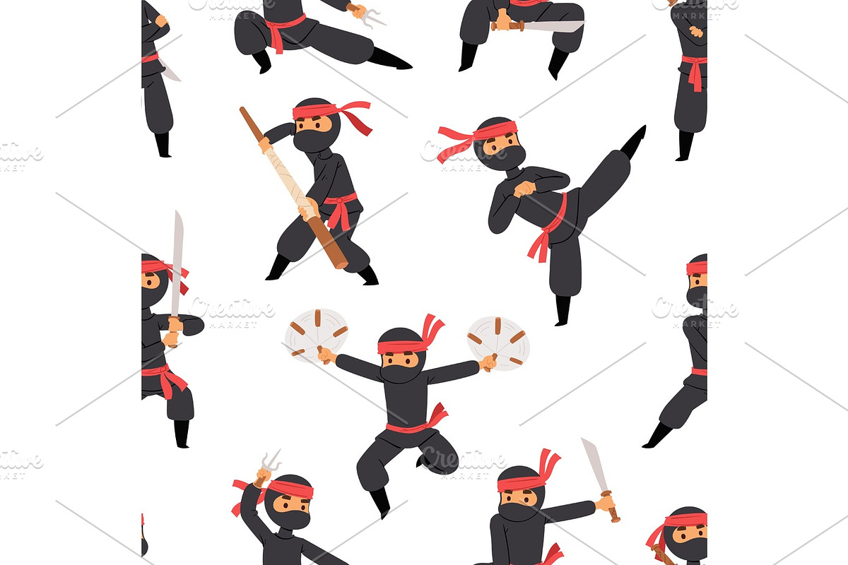 Different poses of ninja fighter in black cloth character warrior sword martial weapon japanese man and karate cartoon person seamless pattern vector., a Person Illustration by Vectorstockersland