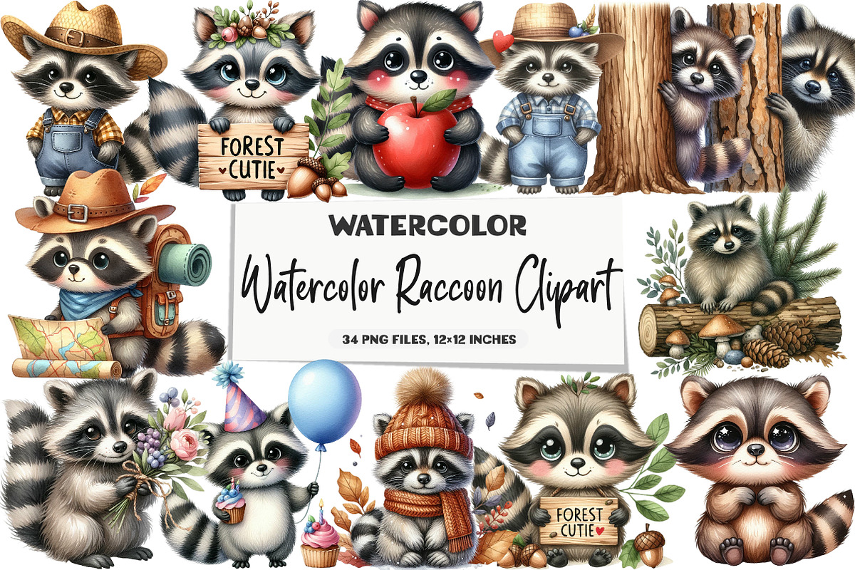 Watercolor Raccoon Clipart, an Illustration by DreamArtGraphic (Photo 1 of 5)