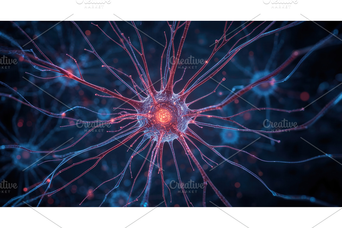 Close-up of a glowing neuron with, an Illustration by tilialucida