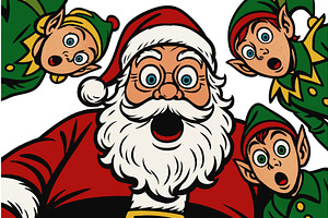 Surprised Santa and elves looking, an Illustration by AlexArt