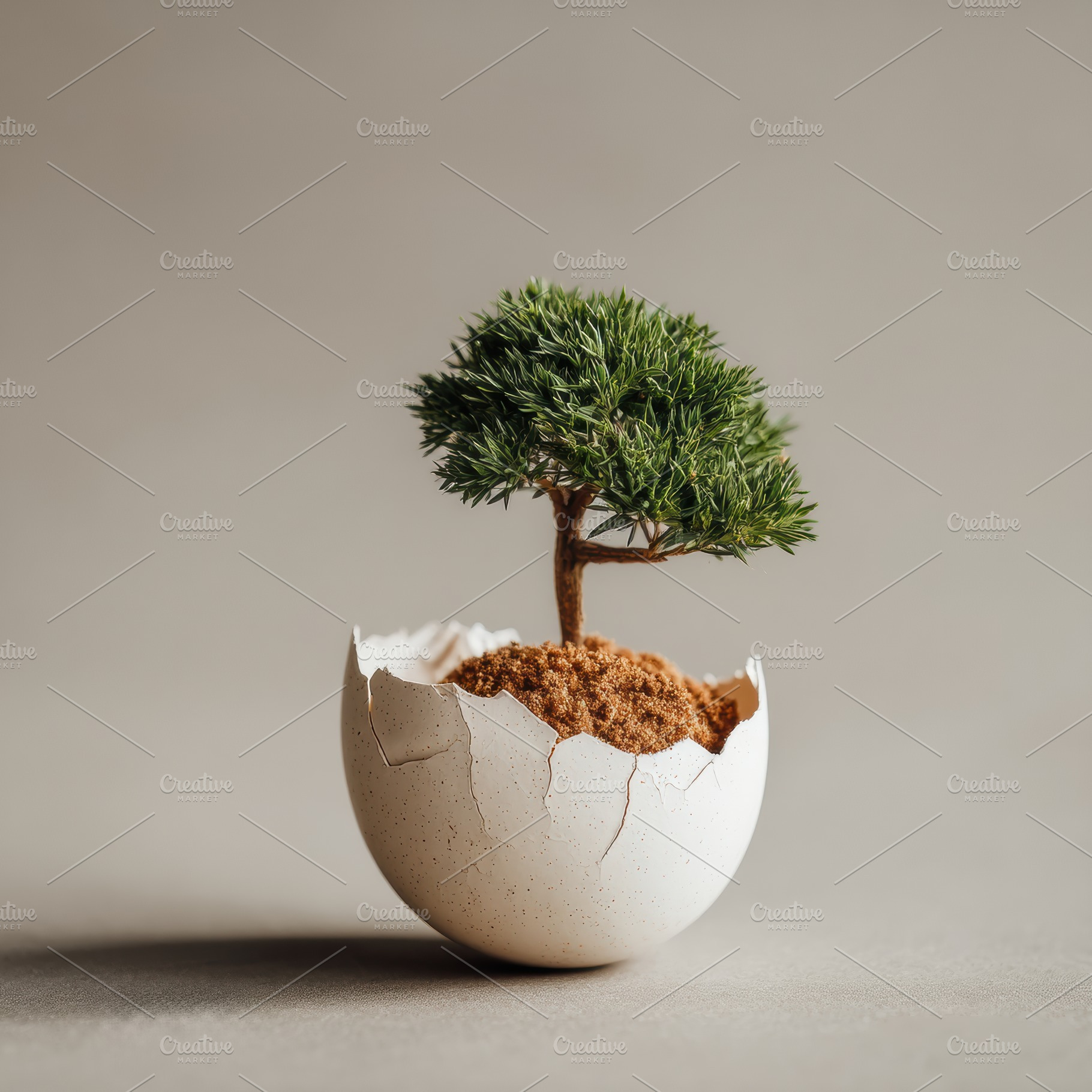 Cracked Eggshell with Miniature Tree, a Photo by Virgo Studio