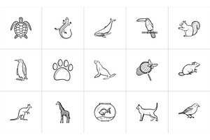 Animals Hand Drawn Sketch Icon Set.