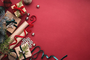 Christmas gift boxes on red backgrou