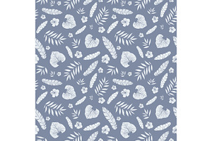 Vector Dark Grey Tropical Summer Hawaiian Seamless Pattern With Tropical Plants, Leaves, And Hibiscus Flowers On White Background. Great For Vacation 