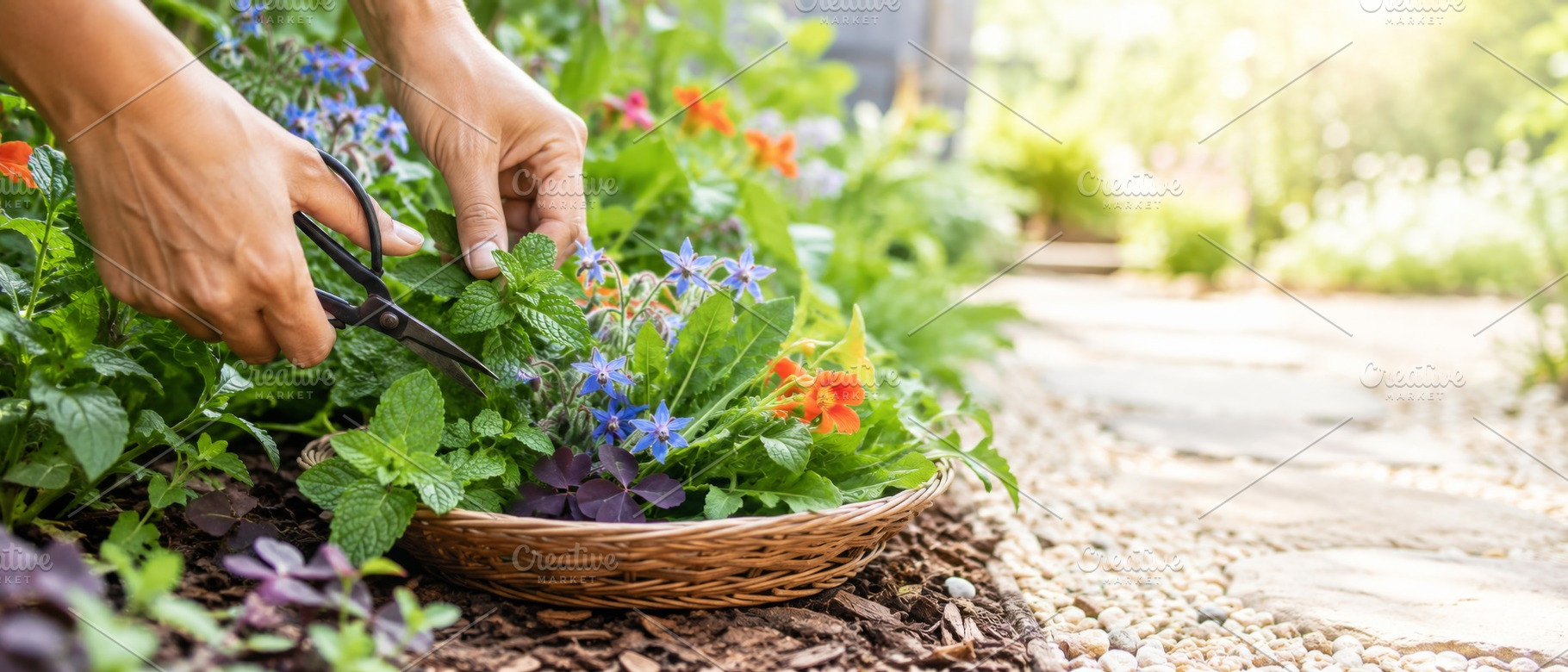 Foraging garden home with hands pick, a Photo by Dvoevnore photos